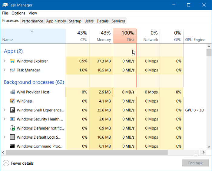 Windows 10 Task Manager 100 Percent Disk
