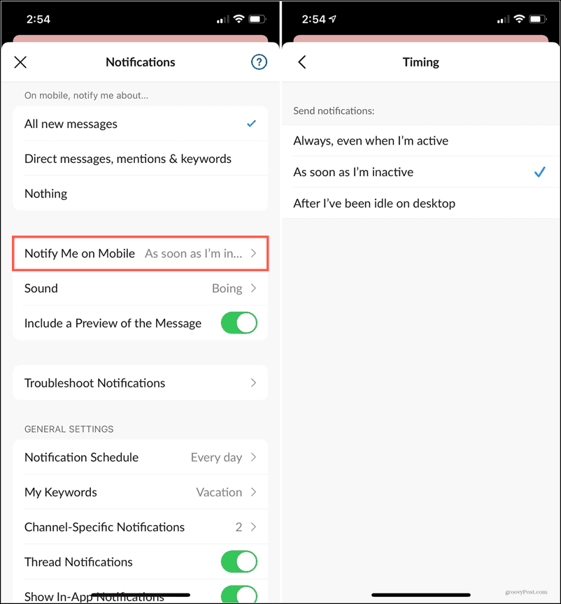 Délai d'inactivité des notifications dans Slack Mobile
