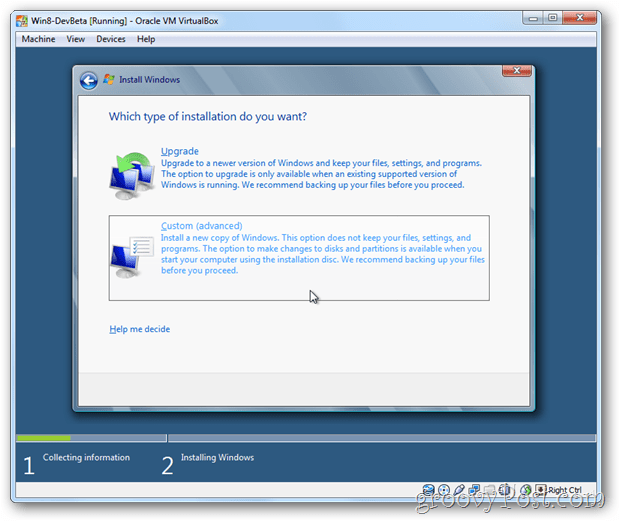 VirtualBox Windows 8 choisissez une installation personnalisée