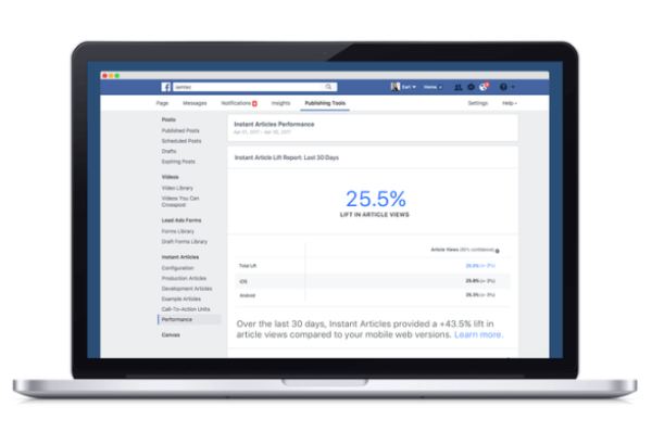 Facebook a déployé un nouvel outil d'analyse qui compare les performances du contenu publié via la plate-forme Instant Articles de Facebook par rapport à d'autres équivalents Web mobiles.