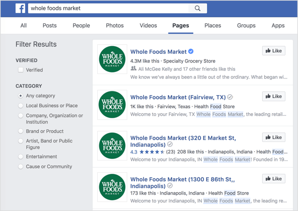 Les pages de localisation individuelles apparaissent dans la recherche Facebook.