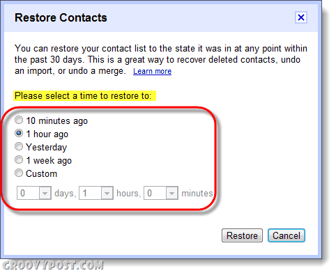 restaurer les contacts gmail à une date spécifique