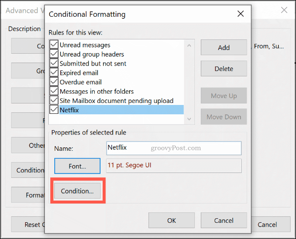 Le bouton Conditions de mise en forme conditionnelle dans Microsoft Outlook