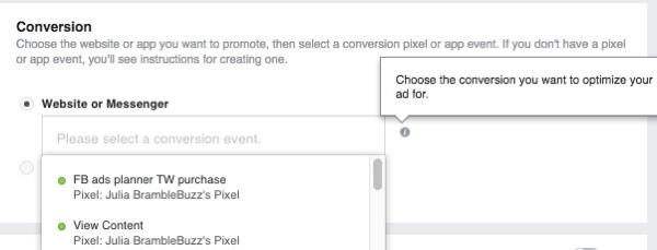 Lorsque vous configurez une campagne publicitaire de conversions de site Web, sélectionnez le pixel qui sera utilisé pour suivre les conversions.