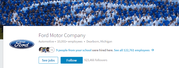 La page LinkedIn de Ford Motor Company comprend des images pertinentes et des informations à jour.