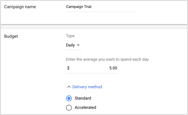 Ajoutez le nom et le budget de la campagne dans Google AdWords.