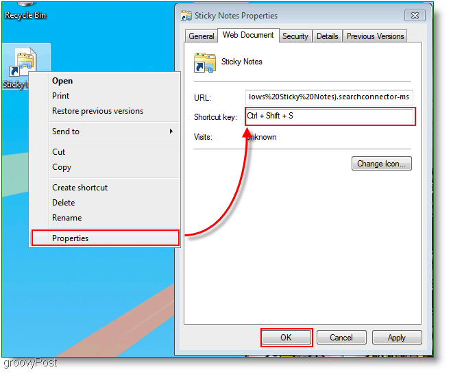 Windows 7 Créer un nouveau menu d'affectation de touches de raccourci: capture d'écran