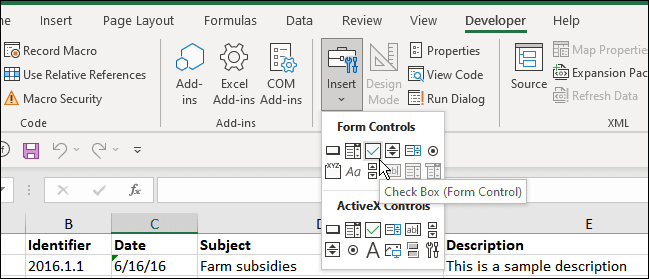 insérer une case à cocher développeur Excel