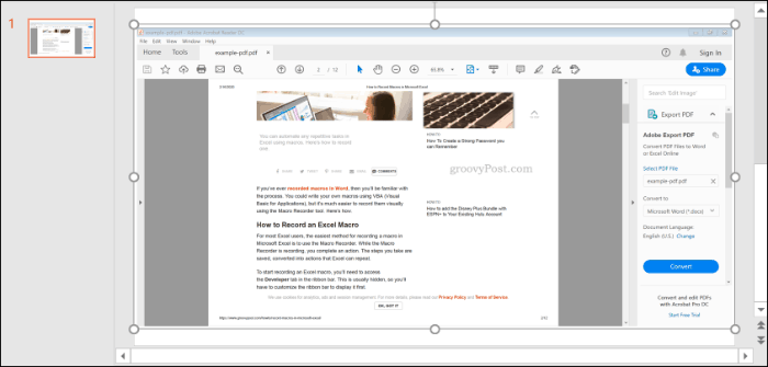 Une capture d'écran d'un fichier PDF, inséré dans PowerPoint