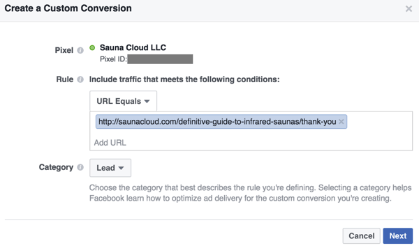 Créez une conversion personnalisée basée sur une URL avec votre page de confirmation.