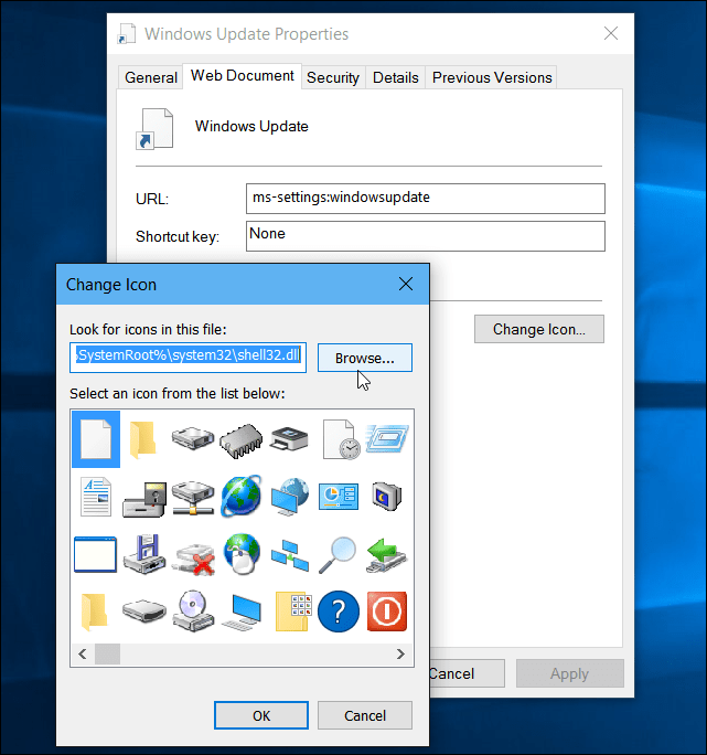 Windows 10: créer un bureau ou démarrer un raccourci pour Windows Update