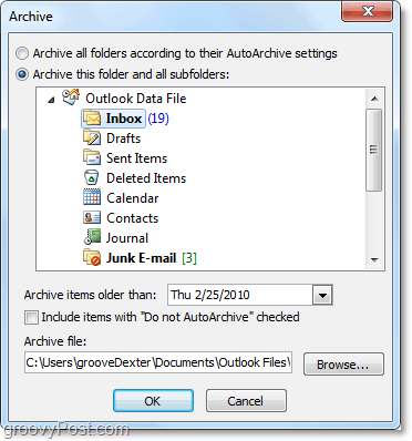 paramètres d'archivage manuel dans Outlook 2010