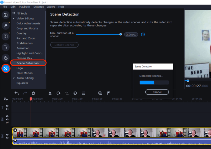 accéder à la fonction de détection de scène dans Movavi Video Editor Plus
