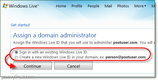 créer un compte d'administrateur de domaine Windows Live ou utiliser un compte Live actuel