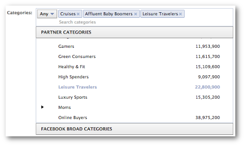 catégories de partenaires facebook sélectionnez