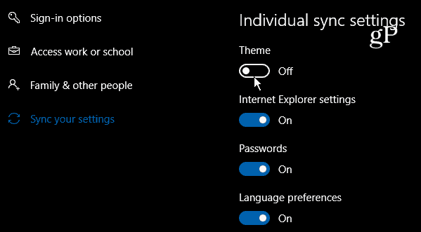 Paramètres de synchronisation individuels de Windows 10