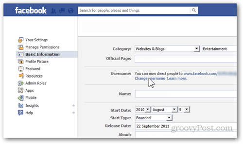 paramètres de Facebook préférences informations de base changer le nom d'utilisateur