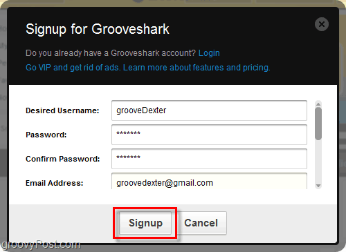 Processus d'inscription à Grooveshark