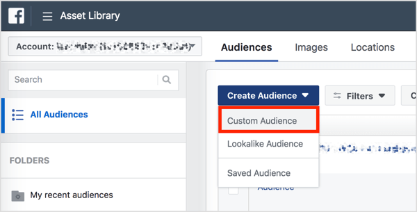 Dans la section Audiences de Business Manager, cliquez sur Créer une audience et sélectionnez Audience personnalisée dans le menu déroulant.