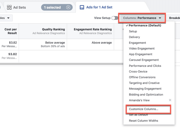 Personnalisation de Facebook Ads Manager pour personnaliser les colonnes.