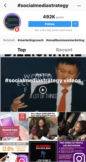 Comment développer stratégiquement votre compte Instagram, étape 11, trouver des exemples de messages pertinents, un exemple de recherche pour les vidéos «#socialmediastrategy»