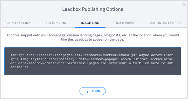 Code de publication LeadPages Leadbox 