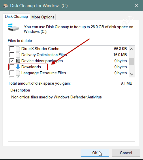 Téléchargements Nettoyage de disque Windows 10 1809