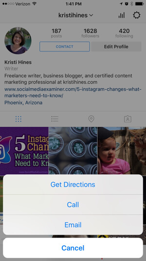 options de contact de profil d'entreprise instagram