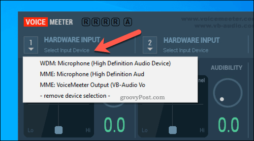 Sélection d'une option d'entrée matérielle VoiceMeeter