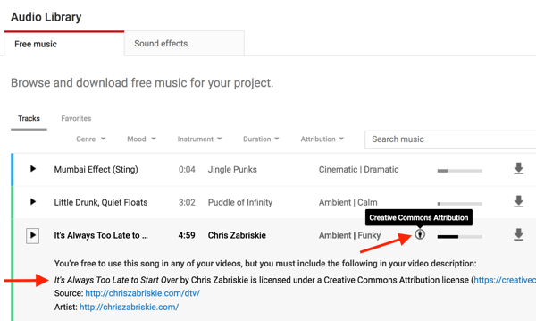 Les fichiers musicaux de la bibliothèque audio YouTube indiqueront si vous devez créditer le créateur d'origine.