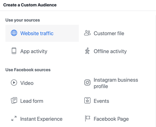 Utilisez l'outil de configuration d'événements Facebook, étape 14, option de menu Facebook pour sélectionner le trafic du site Web comme source d'audience
