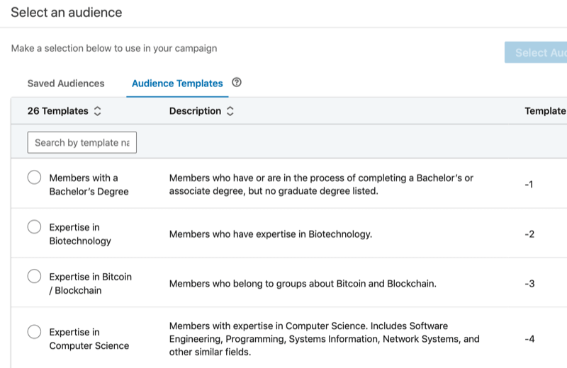 liste complète des modèles d'audience LinkedIn, ainsi que des descriptions