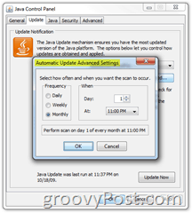 Capture d'écran: onglet de mise à jour du panneau de configuration Java mensuel