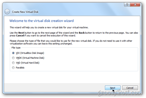 VirtualBox choisir le type d'image de disque de boîte virtuelle windows 8