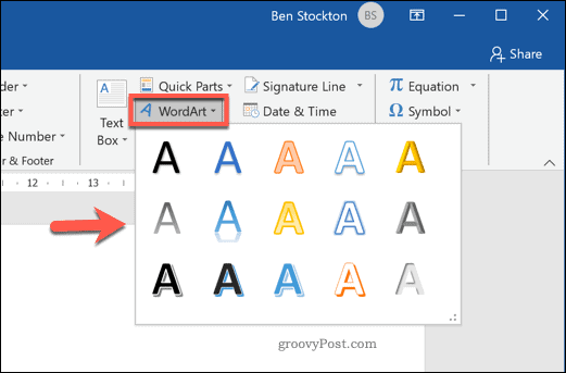 Sélection d'un effet WordArt dans Word