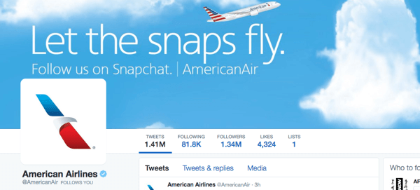 image twitter des compagnies aériennes américaines avec Snapchat