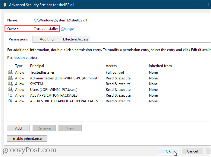 Fermez la boîte de dialogue Paramètres de sécurité avancés dans l'éditeur de registre Windows