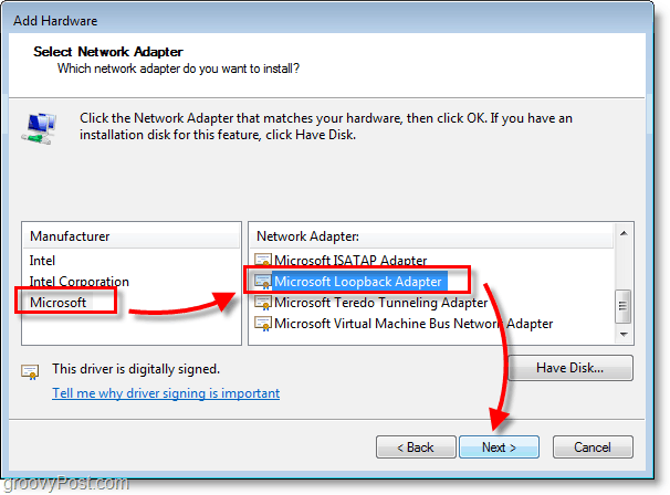 Capture d'écran de mise en réseau Windows 7 sélectionnez Microsoft> Adaptateur de bouclage Microsoft