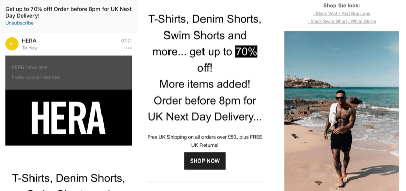 Stratégie de marketing des médias sociaux; Capture d'écran d'une grande campagne de marketing par e-mail de vente flash de Hera London (marque de mode).