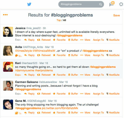 Recherche de hashtag #bloggingproblems sur Twitter