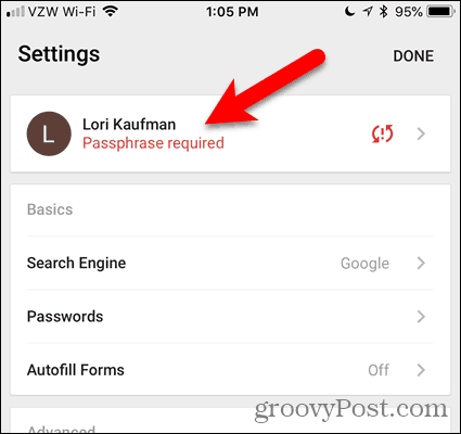 Appuyez sur Mot de passe requis dans Chrome pour iOS