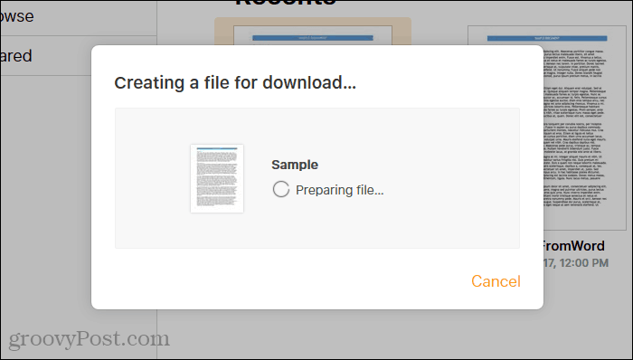 Pages sur iCloud préparant le fichier Word