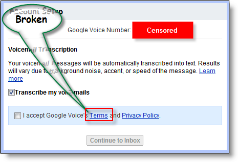 Lien vers les conditions d'utilisation de Google Voice rompu