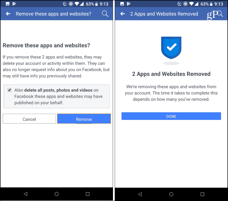 Confirmer la suppression des applications tierces Facebook pour mobile