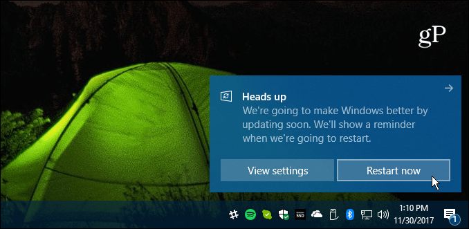 Redémarrez la mise à jour cumulative de Windows 10 requise