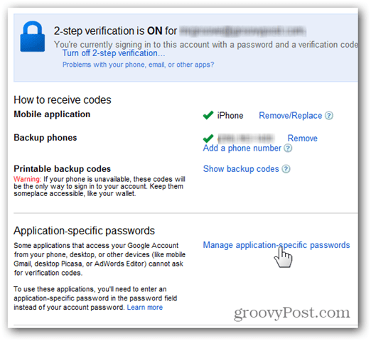 google one time passwords - cliquez sur gérer les mots de passe spécifiques à l'application