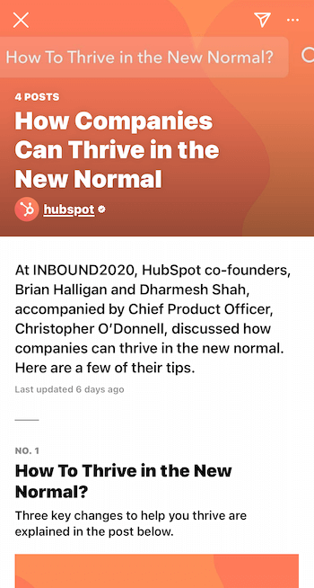 exemple de guide instagram de hubspot intitulé comment les entreprises peuvent prospérer dans la nouvelle normalité avec des conseils de chefs d'entreprise présentés lors de la conférence de l'entreprise