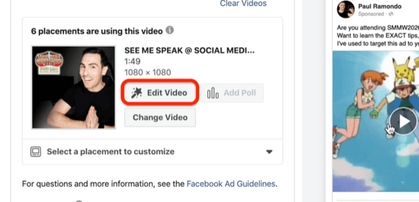 Option Modifier la vidéo pour l'annonce vidéo Facebook