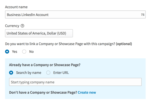 Remplissez les détails pour configurer votre compte publicitaire LinkedIn.