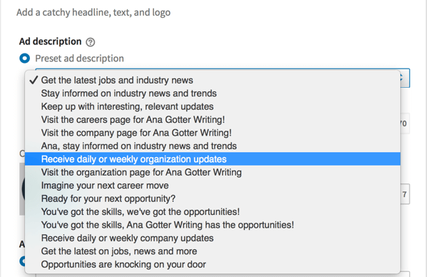 Les descriptions d'annonces prédéfinies de LinkedIn sont disponibles pour certains formats d'annonces dynamiques.